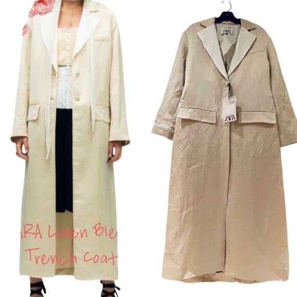 Zara Long Cream Coat Linen Blend Coat with Topstitching, - Picture 1 of 8